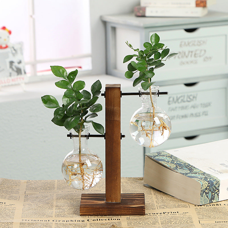 Simple creative glass vase vase wooden frame hydroponic vase green dill plant transparent vase desktop ornaments