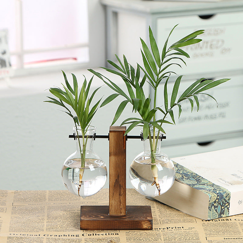 Simple creative glass vase vase wooden frame hydroponic vase green dill plant transparent vase desktop ornaments