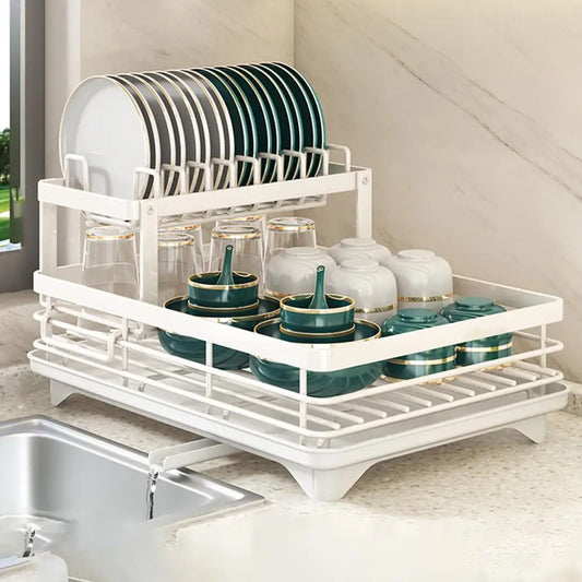 Dish Drying Rack Adjustable Kitchen Plate Storage Rack with Drain Board Sink Countertop Cutlery Storage Rack