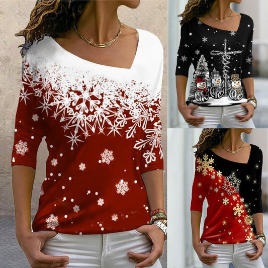 Christmas women's clothing  - Christmas elements printed long-sleeved slanted collar pullover ladies T-shirt