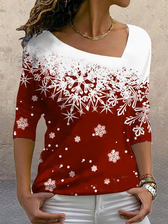 Christmas women's clothing  - Christmas elements printed long-sleeved slanted collar pullover ladies T-shirt