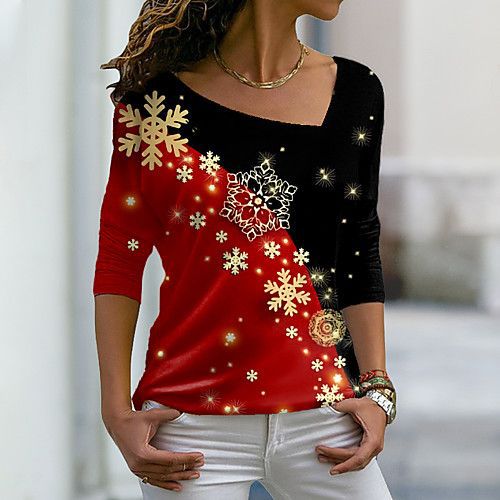 Christmas women's clothing  - Christmas elements printed long-sleeved slanted collar pullover ladies T-shirt