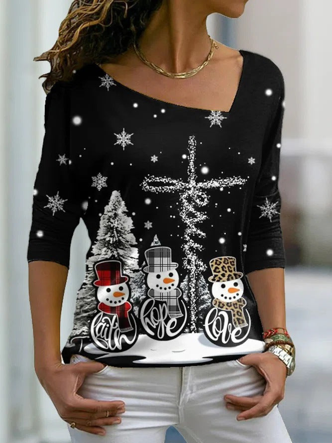 Christmas women's clothing  - Christmas elements printed long-sleeved slanted collar pullover ladies T-shirt